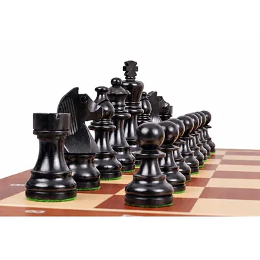 Focus on the black pieces, showing the elegance and refinement of the Tournament No. 5 Chess Set