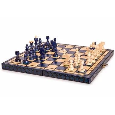 Game in progress on an elegant wooden board - Luxe Pearl Insert Blue Chess Set - Le Palais Des Echecs