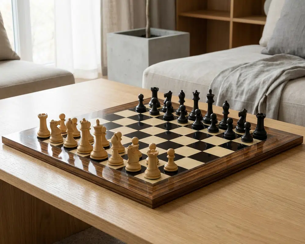 Jeu d'Échecs Sovereign Palissandre Staunton en pleine ambiance conviviale dans un salon moderne - Le Palais Des Echecs