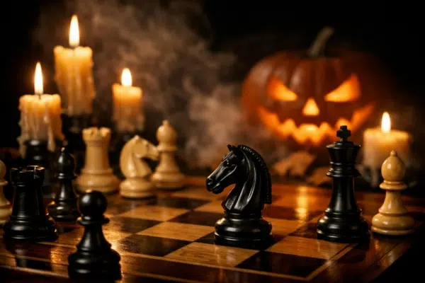 Chess game by candlelight with a Halloween pumpkin in the background